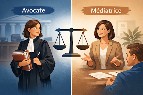 Illustration en deux volets : une avocate en robe et une médiatrice en écoute, de part et d'autre d'une balance